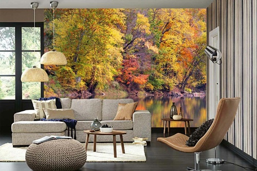 Vlies Fototapete - Reflexionen von Herbstbäumen 375 x 250 cm